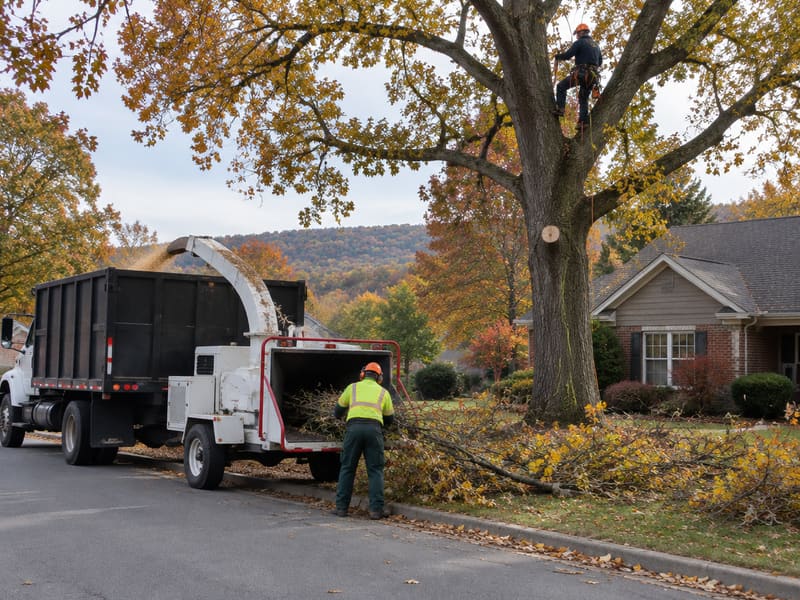 Tree crew removing a large oak near a house, with a chipper truck in the driveway