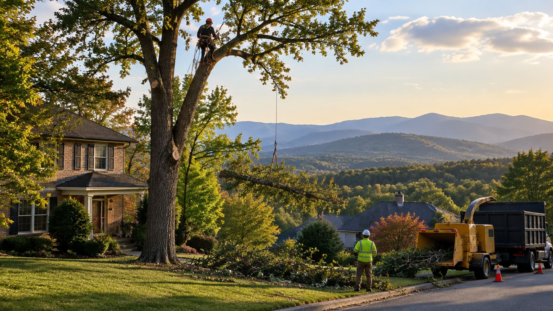 Tree crew removing a tall oak beside a brick home, with a chipper truck and mountain ridges behind